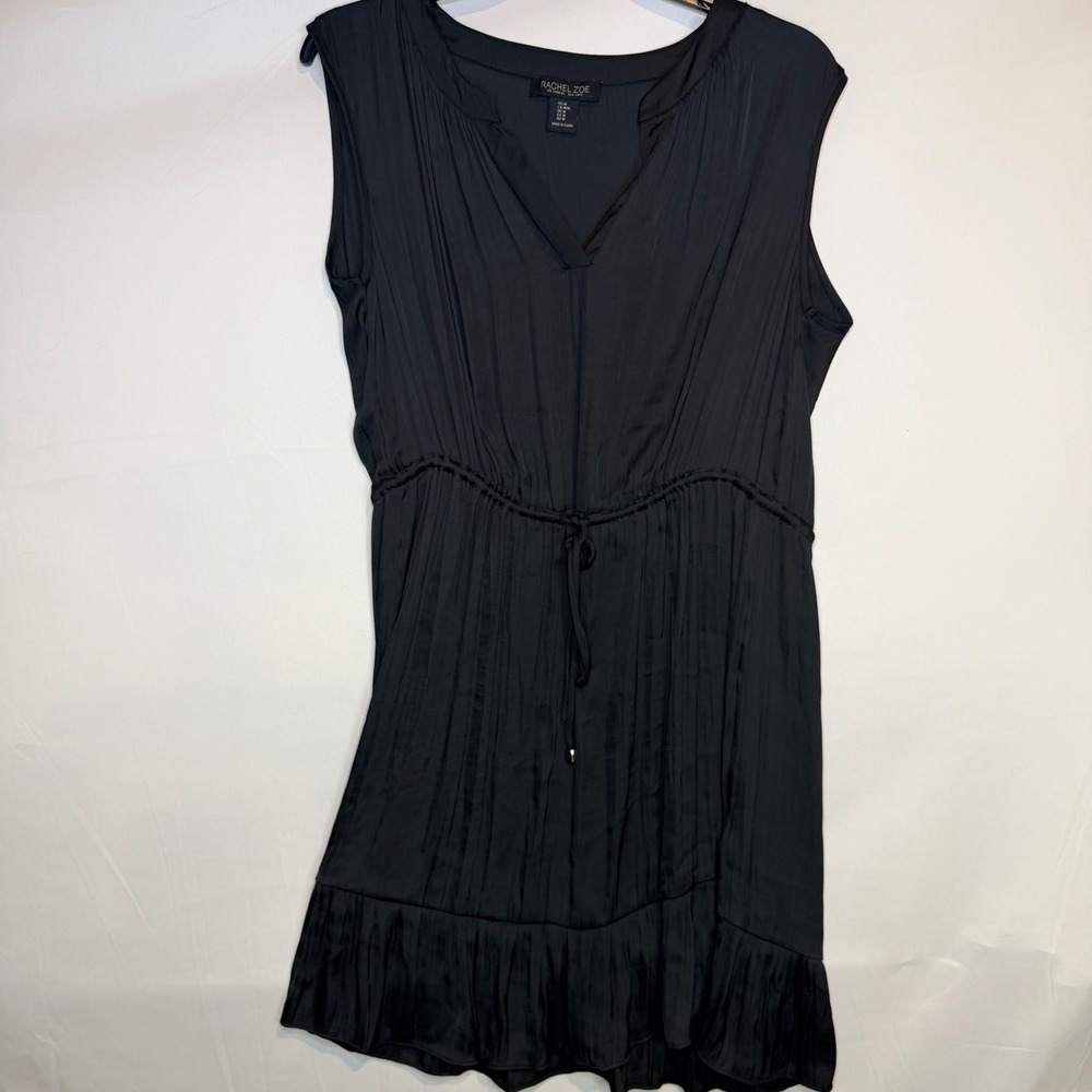 Rachel Zoe Black Satin Sleeveless Mini Dress Drawstring Waist Ruffle Hem Medium